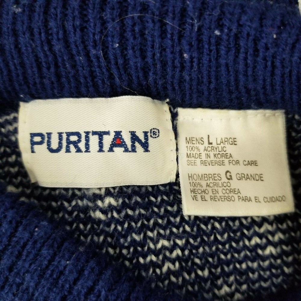 Men’s Size L Puritan Blue Reindeer / Moose Acrylic Sweater Trees Vintage Design - Picture 9 of 12